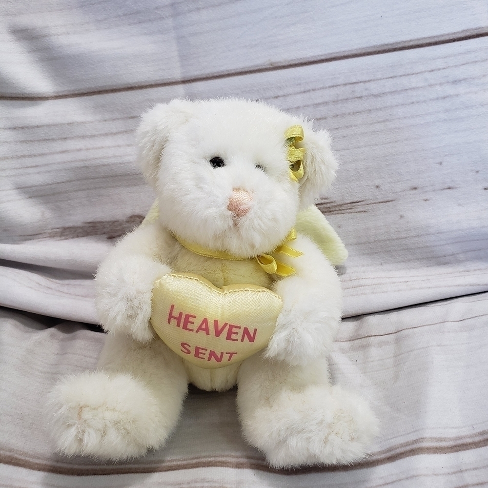 A&A Teddy Bear Plush White Yellow Angel Heaven Sent Heart Stuffed Satin 6 Inch